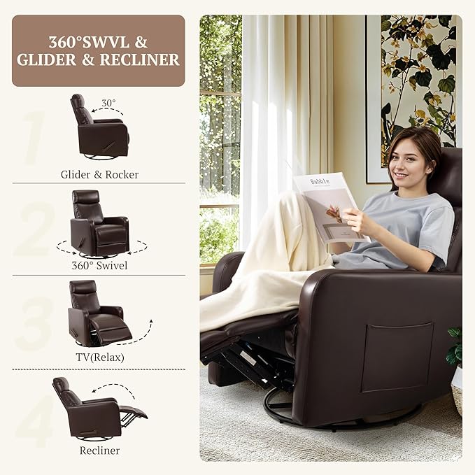 Swivel Rocking Recliner Chair for Small Space, Manual Swivel Glider Recliner for Nursery,RV,Rocking Recliner with Footrest and Side Pocket,Breathable Leather,Dark Brown