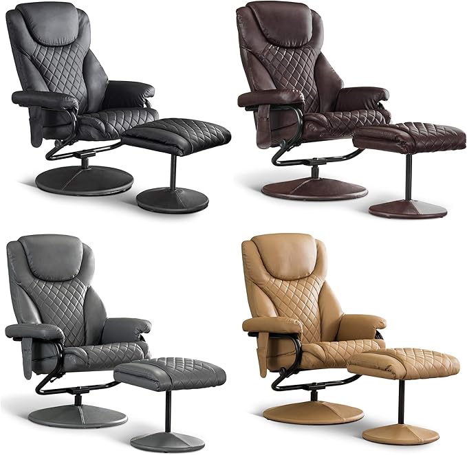 MCombo Recliner with Ottoman, Reclining Chair with Massage, 360 Swivel Living Room Chair Faux Leather, 4901 (Grey)