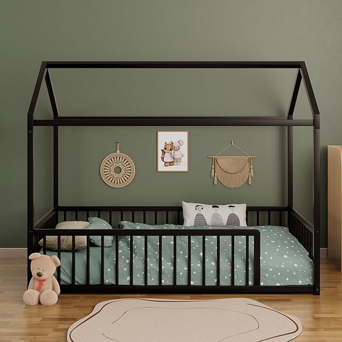 Twin Size Metal Floor Bed Frame,House Shaped Bed with Fence for Kids and Toddlers,Easy Assemble,No Slats,Black