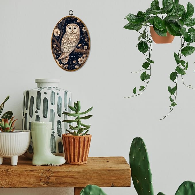 Hiuwevt Enchanted Forest Owl Oval Wall Art Decor, Mystical Whimsical Owl Framed Canvas Prints, Dark Cottagecore Animal Oval Wall Hanging Decor for Home Gallery Decorations, 8.6x11.4 Inches
