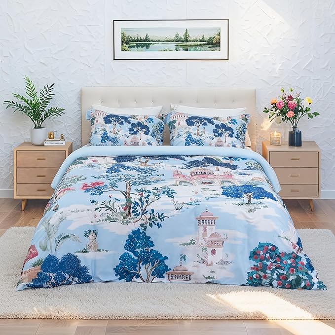 MAGRACE Blue Farmhouse Duvet Cover King Size, 3 PCS Washed Fiber Floral Pattern Bedding Set, Cozy Soft Breathable Quilt Cover, Zipper + 8 Corner Ties + 2 Pillow Shams, Without Comforter