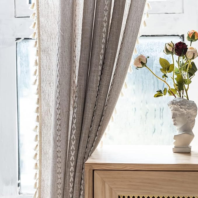 Deeprove Boho Curtain 72 Inches Long for Bedroom Living Room, Cotton Linen Weighted Taupe Stripes Embroidery, Semi Blackout Bohemian Window Treatment Priacy Drape Tassels 1 Panel W52 x L72, Natural