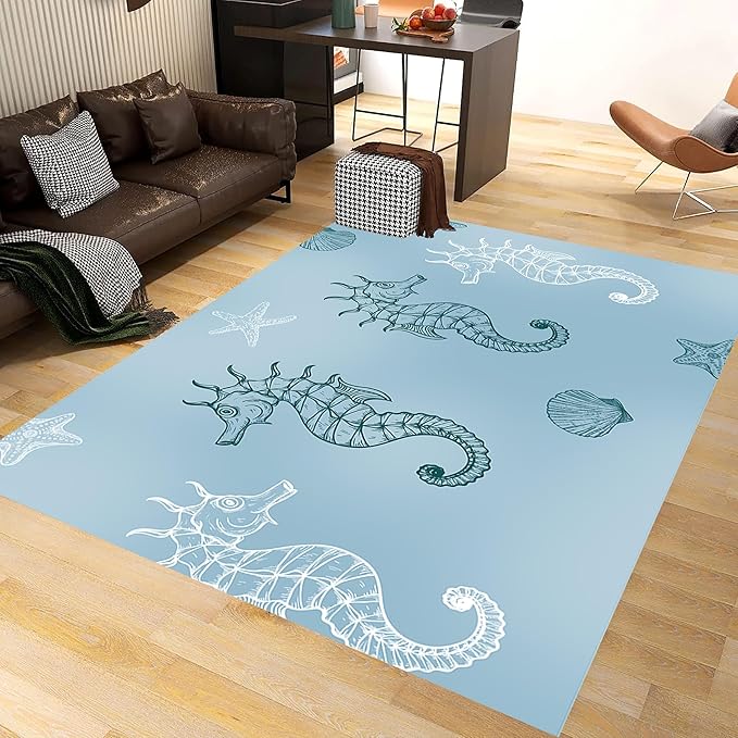 Seahorse Starfish Area Rugs, 6x8ft, Coastal Marine Animal Shell Nautical Rug for Bedroom, Pet Friendly Absorbent Carpet, Floor Decor Dirty Resistant Durable Mat for Bath Room Girls Boys
