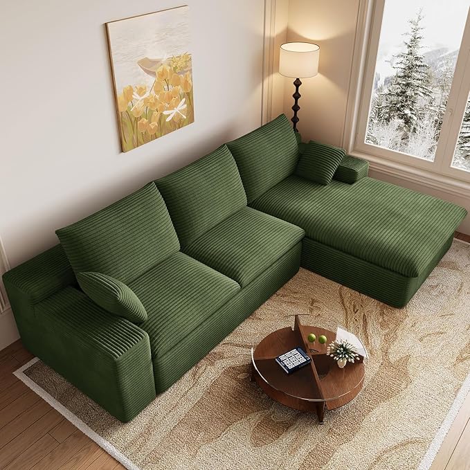 Cloud Sectional Couch,107 Inch Modular Sectional Sofa with Deep Seat, Modern Corduroy Boneless Couches with L-Shape Chaise for Living Room Bedroom, No Assembly Required (Green, Right Facing Chaise)