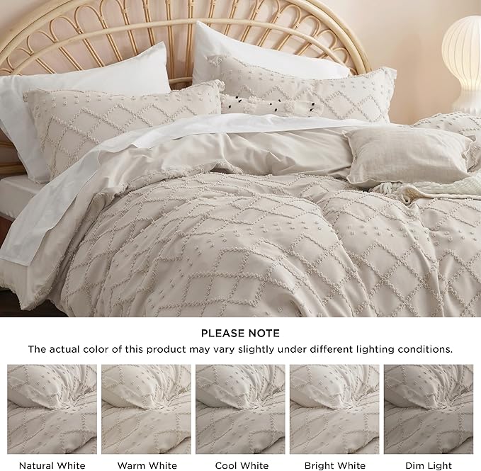 Bedsure Boho Duvet Cover Queen Size - Beige Breathable & Soft Boho Bedding, Machine Washable Comforter Cover for All Seasons, Includes 1 Duvet Cover 90"x90" with 2 Pillow Shams & Zipper Closure