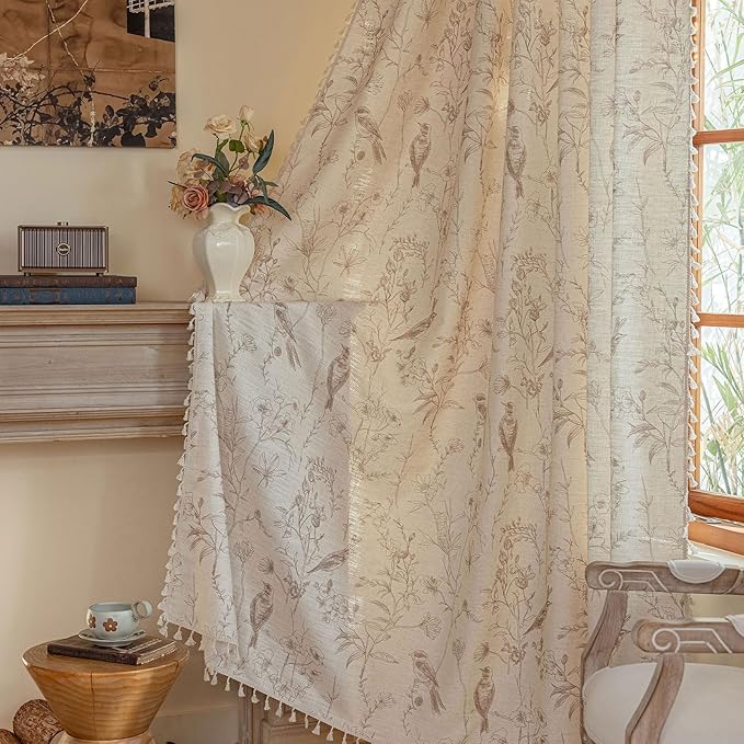 OYX Boho Curtains, Floral Curtains Beige with Garden Birds, Farmhouse Birds Drapes 96 Inches Length Semi Sheer, Rod Pocket Vintage French Country Window Curtain Set 2 Panels for Kitchen, Bedrooms