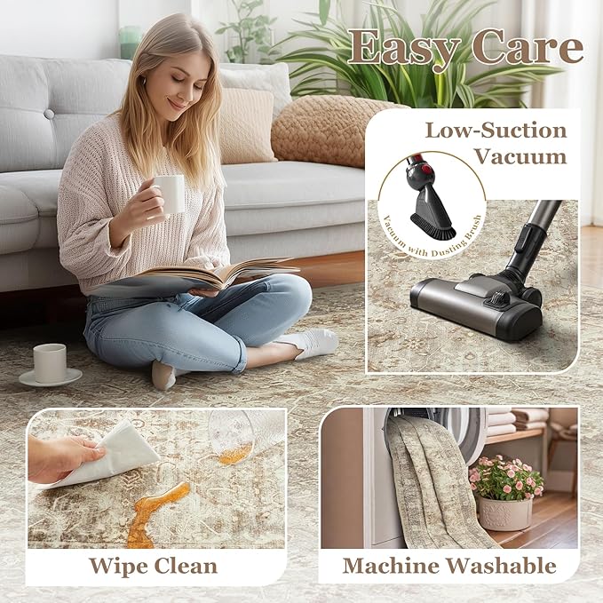 Neutral Beige 5x7 Area Rugs for Living Room Bedroom, Washable Non Slip Low Pile Thin Soft Carpet Rugs for Dining Room/Kitchen/Home Office/Nursery, Vintage Earth Tone Rug with Decorative Fringe