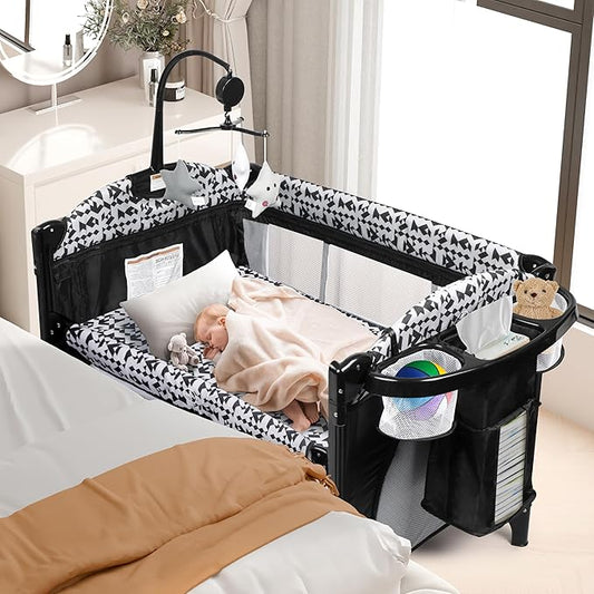 Xilingol 5-in-1 Baby Bassinet Bedside Sleeper, Portable Toddler Crib with Diaper Changing Station, Carry Bag, Cosleeper Bassinet Attach to Bed for Newborn to Toddlers
