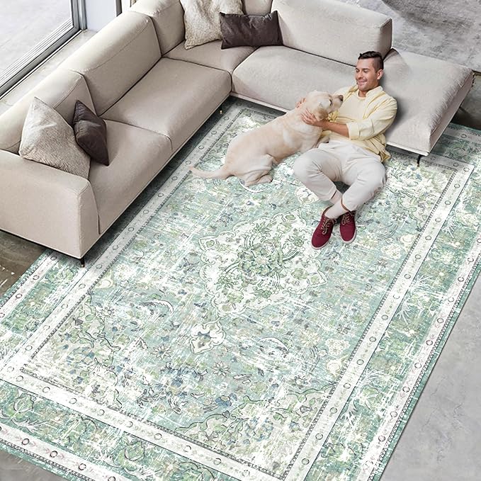 Vhong Boho Area Rugs Washable Vintage Modern Neutral Large Carpet Sage Green 5×7 High Traffic Rugs for Dinning Room Living Room Bedroom Farmhouse Non Slip
