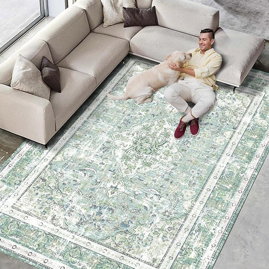 Vhong Boho Area Rugs Washable Vintage Modern Neutral Large Carpet Sage Green 5×7 High Traffic Rugs for Dinning Room Living Room Bedroom Farmhouse Non Slip