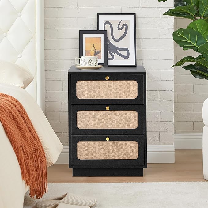 Modern Black Wood Nightstand Set of 2, 16" Small Night Stand with 3 Storage Drawer for Bedroom, Farmhouse Linen Decor Side End Table for Bedside, Living Room, Home Office (Black)