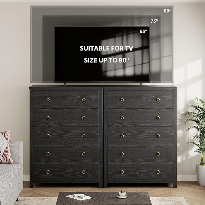 IDEALHOUSE Dresser for Bedroom with 5 Drawers, 45'' Tall Chest of Large Drawers with Large Clothes Storage Cabinet, Wood Bedroom Dresser, TV Stand for Nursery, Living Room, Enterway, Black