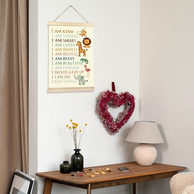 Hiuwevt Positive Affirmations Wall Art, I Am Kind Inspirational Poster Hanger Frame, Baby Wild Animal Nursery Wall Art Home Decor for Kid Boys Girls Toddler Nursery Room Bedroom Playroom, 12x16 Inch