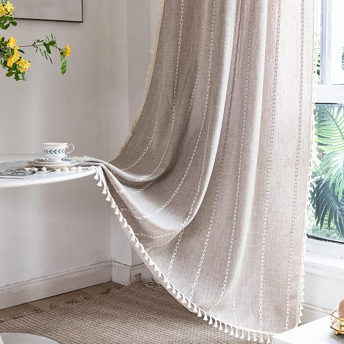Deeprove Boho Curtain 84 Inches Length for Bedroom, Cotton Linen Weighted Taupe Stripes Embroidery, Semi Blackout Bohemian Retro Window Treatment Drape Tassels 1 Panel W52 x L84 Natural
