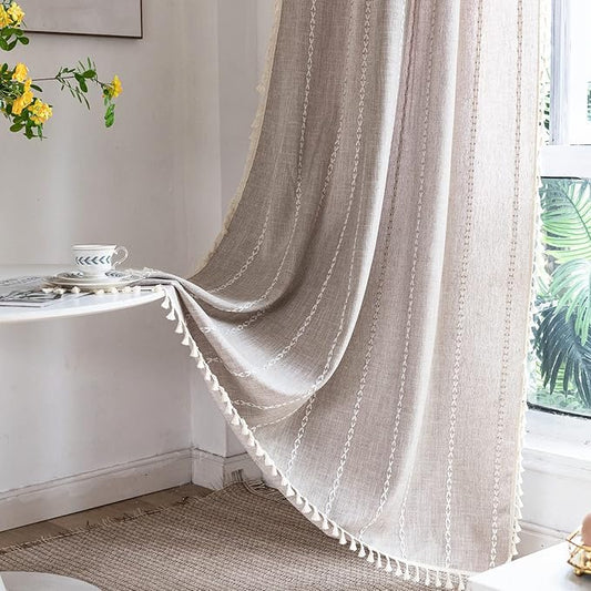 Deeprove Boho Curtain 84 Inches Length for Bedroom, Cotton Linen Weighted Taupe Stripes Embroidery, Semi Blackout Bohemian Retro Window Treatment Drape Tassels 1 Panel W52 x L84 Natural