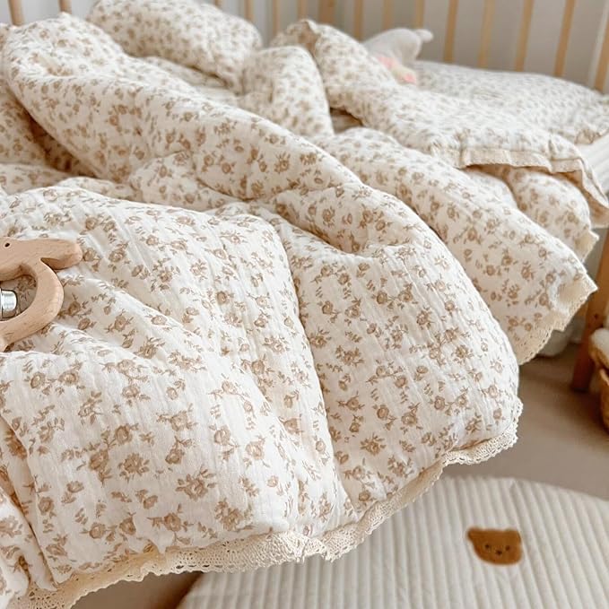 BuLuTu Beige Baby Blanket Flower Print Kid Quilt for Girls Boys Muslin Toddler Quilts for Kids Bed Breathable Comforter Bedding Decor Birthday Gifts, Camellia Pattern, 60x78 Inches