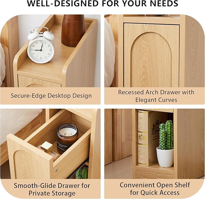 Narrow Nightstand, Slim Bedside Table with Raised Edge Top, Arched Drawer & Open Shelf, Modern Wooden Small Side End Table for Bedroom or Living Room (1, Natural)