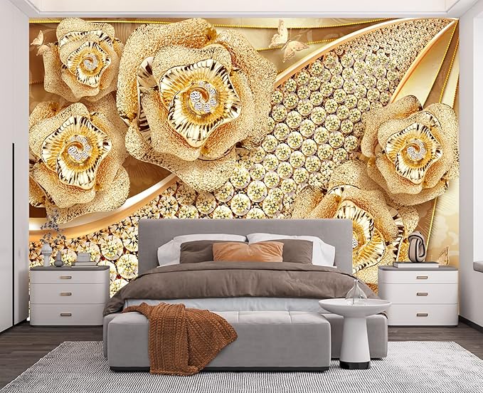 Golden Jewelry Diamond Rose Butterfly Wall Mural Wallpaper for Bedroom 137" x 100"