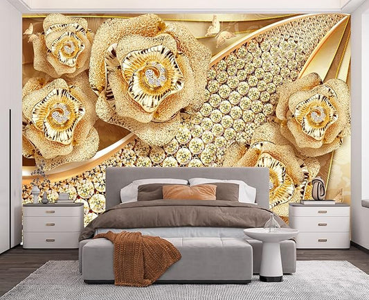 Golden Jewelry Diamond Rose Butterfly Wall Mural Wallpaper for Bedroom 137" x 100"