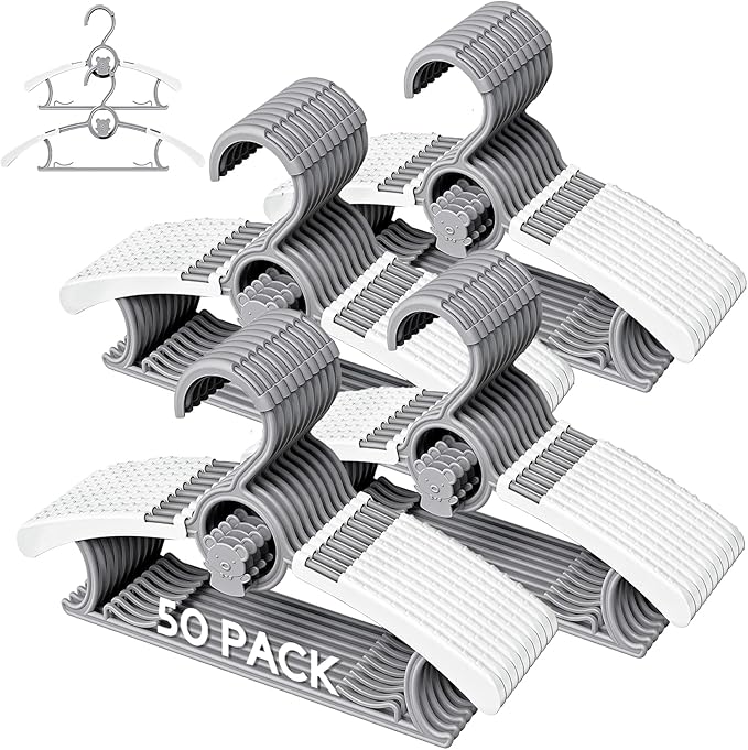 50 Pack Kids Hangers for Nursery Closet, Adjustable Non-Slip Toddler Baby Hangers with Windproof Buckle, 11-14" Infant Child Plastic Clothes Pant Hanger for Boys Girls Newborn Adult, Grey