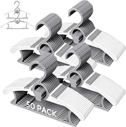 50 Pack Kids Hangers for Nursery Closet, Adjustable Non-Slip Toddler Baby Hangers with Windproof Buckle, 11-14" Infant Child Plastic Clothes Pant Hanger for Boys Girls Newborn Adult, Grey
