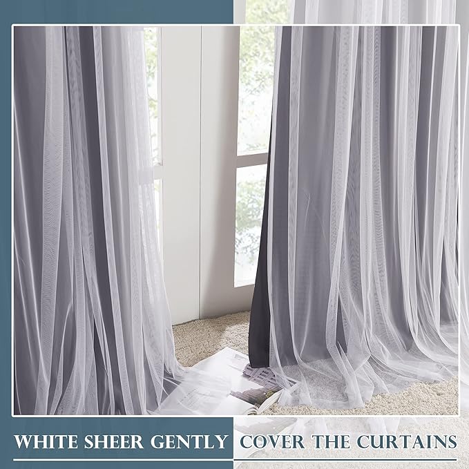 PONY DANCE Blackout Curtains 72 Inches Long - White Sheer Overlay Thermal Insulated Curtains for Living Room Sliding Glass Door, Cortina para Sala (W52 x L72 inch, Grey, One Pair Grommet Drapes)