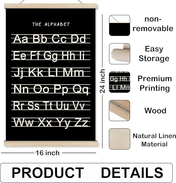 HRQKO Black Alphabet Numbers Poster Hanger Frame Set of 2, Nursery Wall Decor, ABC Poster Wall Art with Wooden Frames, Alphabet Banner Wall Hanging Decor for Playroom Boy Toddler Room, 16x24 inch