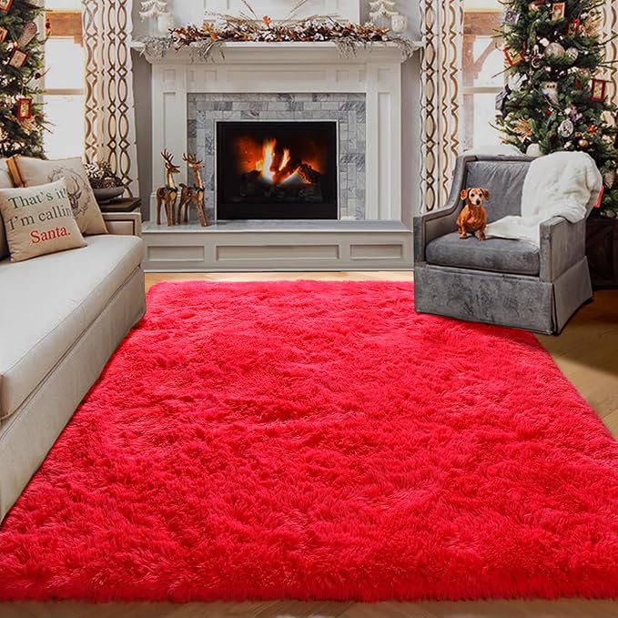 ONASAR Red Area Rugs for Bedroom Living Room, Washable Fluffy 4x6 Indoor Bedside Floor Throw Rug, Soft Plush Shaggy Carpet for Nursery Kids Girls Boys Teen Dorm Home Office Decor Aesthetic