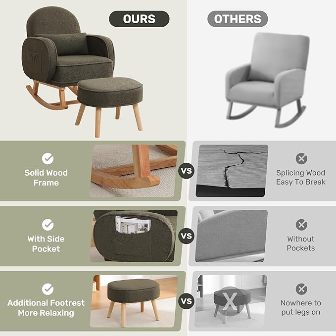 Rocking Chair with Ottoman, Nursery Glider Rocker with High Backrest and Side Pocket, Teddy Rocking Accent Armchair with Solid Wood Legs for Nursery, Living Room, Bedroom Green