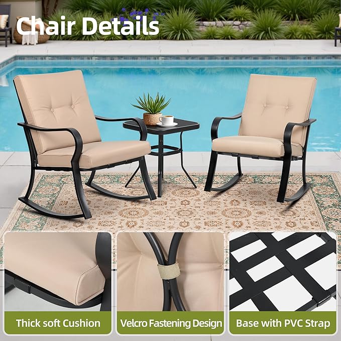 SUNCROWN Outdoor 3-Piece Rocking Chairs Patio Bistro Set Black Steel Furniture with Thickened Cushion and Glass-Top Coffee Table, Brown