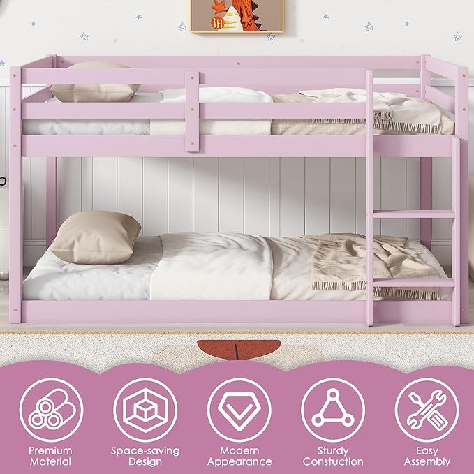 Bunk Bed Twin Over Twin, Wood Low Profile Floor Twin Bunk Beds with Ladder Guardrails for Kids Boys and Girls, No Box Spring Needed