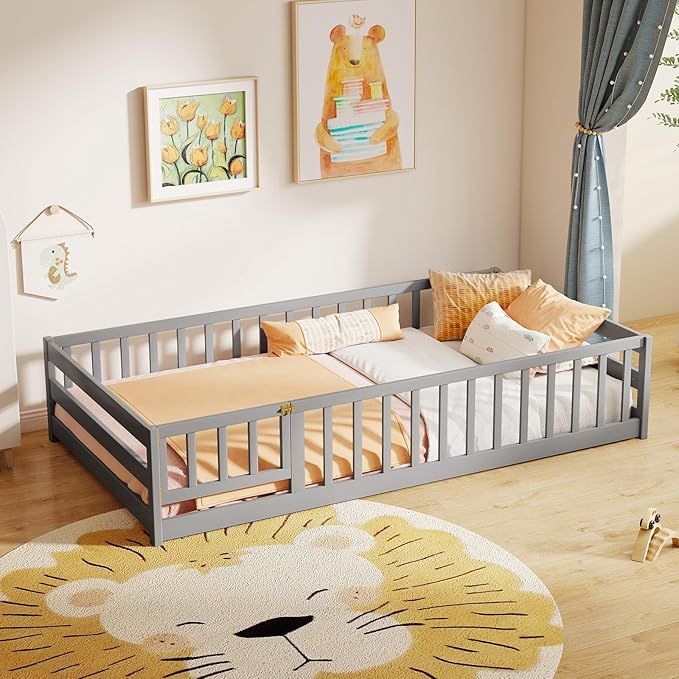 KOMFOTT Twin Size Wood Floor Bed with Door & Fence, Montessori Bed Frame with Full Length Safety Guardrails, Door & Latch, Wooden Montessori Floor Bed for Kids, Girls, Boys (Grey, Twin)