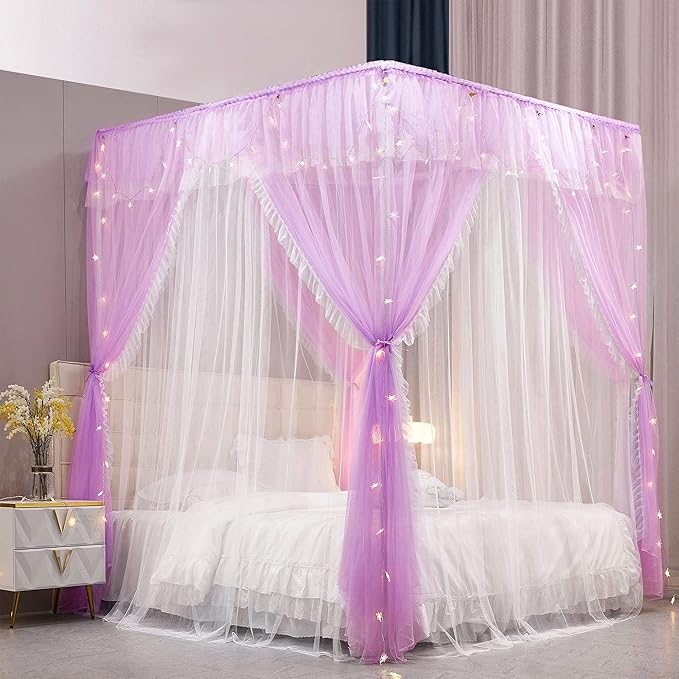 VETHIN 4 Corners Post Ruffle Princess Bed Canopy Curtain-Double Layer Cozy Drape Netting 4 Opening Mosquito Net for Girls Adults Bedroom Decoration (Double-Purple, 47" W*78" L*82" H/Twin)