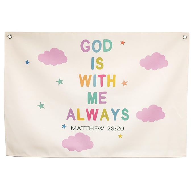 Christian Bible Verse Scripture Rectangular Banner Flag Wall Sign Decor Gift for Baby Girls-Nursery Baby Room Bedroom Decor-Baby,Shower Birthday Christmas Gift-God Is with Me Always