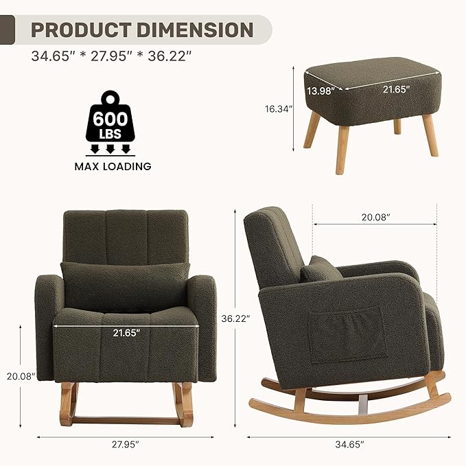 Rocking Nursing Chair with Ottoman, Upholstered Glider Rocker Armchair with High Backrest and Side Pocket, Comfy Reading Chair with Solid Wood Legs for Nursery, Living Room,Bedroom, Green