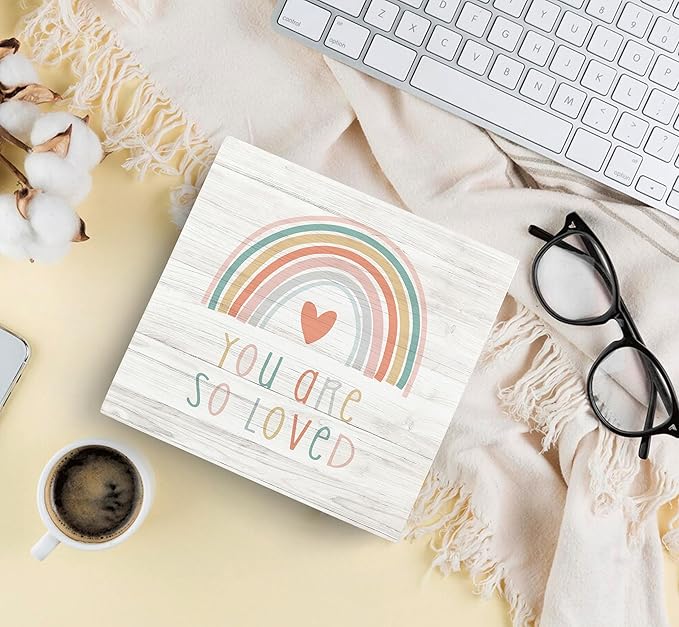 SRADMO You Are So Loved Rainbow Heart Wood Box Sign Desk Decor 8x8, Kids Inspirational Quotes Wooden Block Box Sign Decoration For Kids Room Nursery Playroom Shelf Table Decor