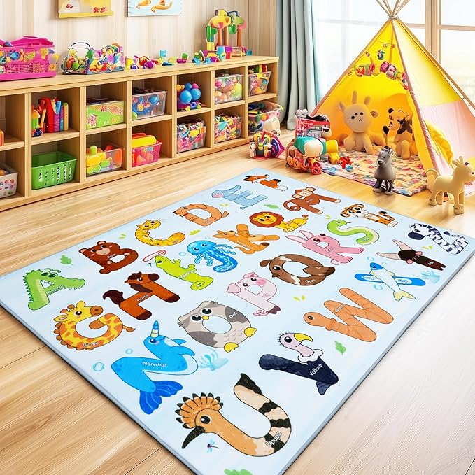 Kids Rugs for Playroom, 4x5 Feet Educational Rug for Learn The ABC Alphabet, Soft Machine Washable Non-Slip Cute Animal Carpet for Classroom Toddler Nursery Kids Room Decor Mat, Blue