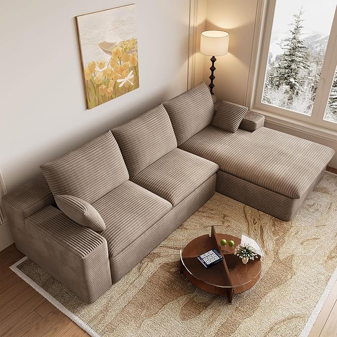 Cloud Sectional Couch,107 Inch Modular Sectional Sofa with Deep Seat, Modern Corduroy Boneless Couches with L-Shape Chaise for Living Room Bedroom, No Assembly Required (Camel, Right Facing Chaise)