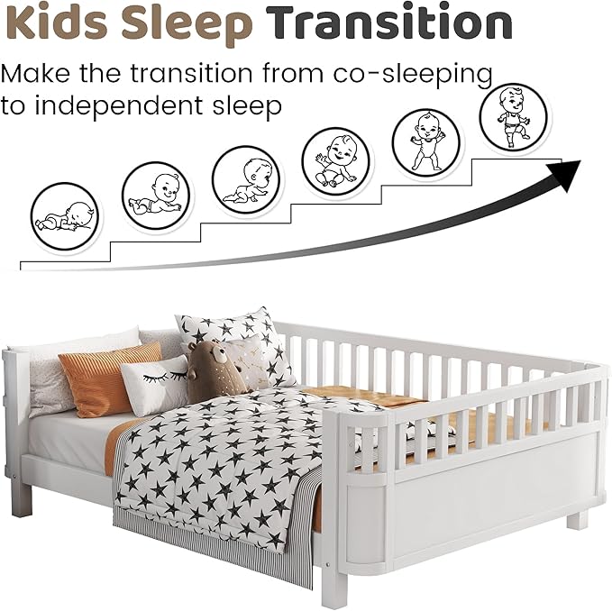 Full Size Kids Bed with Rails, Wood Montessori FloorBed Full with Slats Support, Modern Daybed Low to Ground for Girls Boys Bedroom Living Room, White