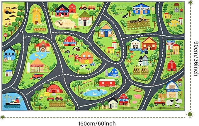 Farmyard Adventure Play Rugs, Educational and Fun Farm Play Mat for Kids, 60"x36" Non-Slip Playmat with Barns, Animals & Crops for Imaginative Play, Nursery, Playroom and Classroom