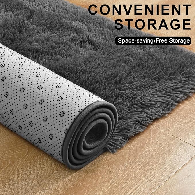 Merelax Modern Soft Fluffy Small Shaggy Rug for Bedroom Livingroom Dorm Kids Room Indoor Home Decorative, Non-Slip Plush Furry Fur Area Rugs Comfy Nursery Accent Floor Carpet 7X10 Feet,Dark Grey
