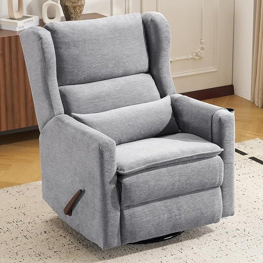 Swivel Rocker Recliner Chair,Comfy Glider Rocker Recliner with Adjustable Headrest,Rocking Chair Nursery for Living Room & Bedroom,Chenille,Grey