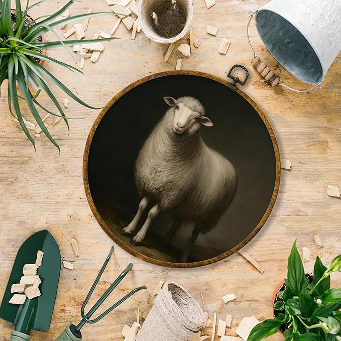 Hiuwevt Vintage Farmhouse Sheep Round Wall Art Decor, Rustic Country Sheep Framed Canvas Prints, Moody Classic Farm Animals Round Wall Hanging Decor for Home Living Room Decorations, 10x10 Inches
