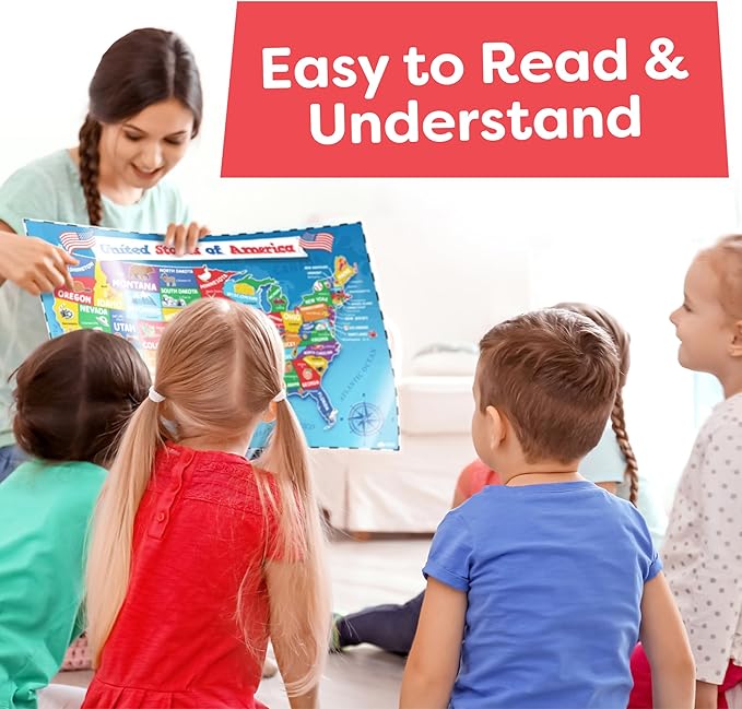 World Map Poster & Map of the United States for Kids - 2pc Set - 24” x 16” USA & World Map for Kids Waterproof Classroom Posters Must Haves - Classroom Decor Educational Posters for Toddlers 1-3
