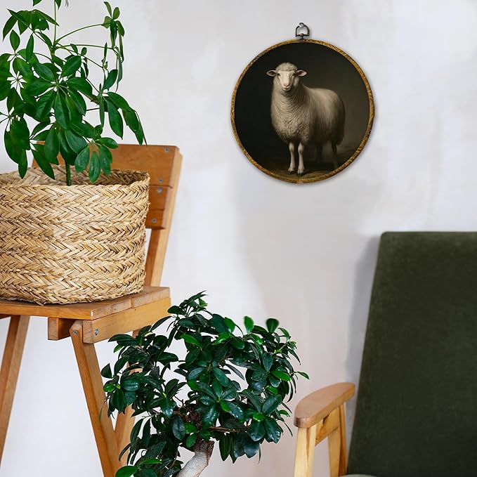 Hiuwevt Vintage Farmhouse Sheep Round Wall Art Decor, Rustic Country Sheep Framed Canvas Prints, Moody Classic Farm Animals Round Wall Hanging Decor for Home Living Room Decorations, 10x10 Inches
