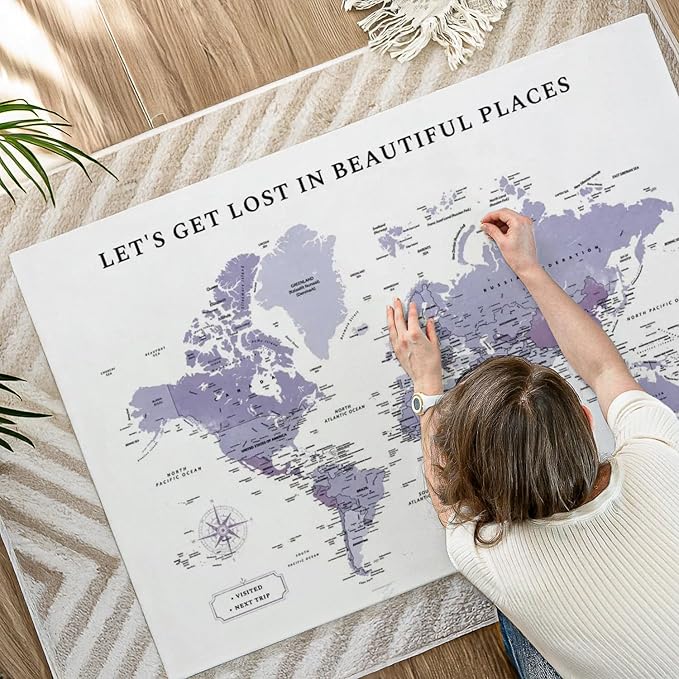 ElephantStock - Beautiful Places II Push Pin World Map Wall Art - Horizontal Canvas Wall Art - Living Room Wall Decor - Digital Art Map Canvas Art - White And Black Decor - 51" x 34"