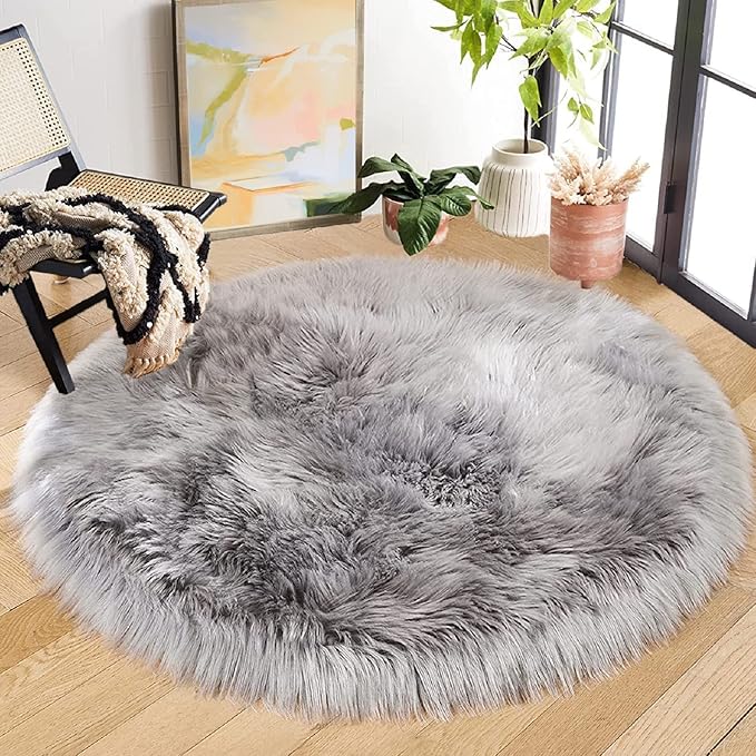Silver Grey Washable Shaggy Round Rugs 6.6ft Large Faux Sheepskin Fur Rugs for Living Room Bedroom Circle Nursery Rug