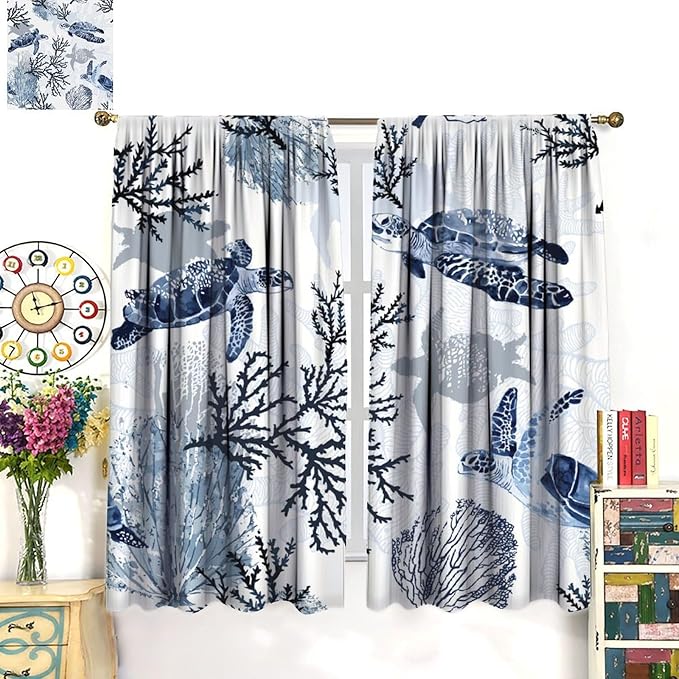 Coastal Nautical Curtains, Turtle Beach Sea Seashell Theme Pattern Blackout Print Home Bedroom Living Room Window Treatmen 2 Panel Set 42x63 Inch