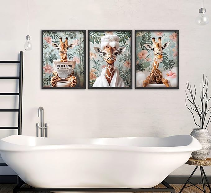 3Pcs Funny Animal Bathroom Canvas Wall Art Giraffe Reading Newspaper on Toilet Painting Picture Wall Decor Eclectic Jungle Giraffe Bathrobe Bathtub Poster Print for Toilet Bathroom Home Decoration