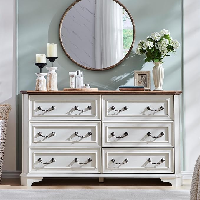 T4TREAM Farmhouse 6 Drawers Dresser for Bedroom, 54" Wide Wood Rustic Chest of Drawers with Natural Texture, Vintage Design, Storage Dressers Organizer for Bedroom, Living Room, Antique White